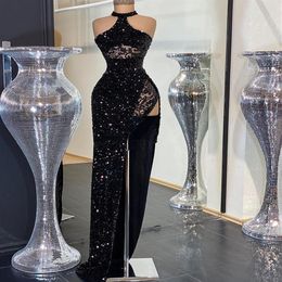 aso ebi arabe noir scintillant sexy robes de soirée dentelle haute split robes de bal paillettes formelle partie deuxième réception robes zj3662589