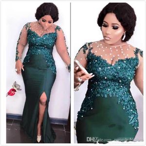 Aso Ebi Arabe Vert Foncé Sexy Robes De Soirée Perlée Sirène Mère De La Mariée Robes Sheer Cou Dentelle Appliques Formelle Robes De Soirée