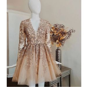 ASO EBI Arabisch Goud Luxe Sexy Avondjurken Sheer Neck Kant Beaded Prom-jurken