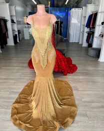 Aso Ebi Arabisch Gold Mermaid Prom jurk kristallen sexy avond formeel feest tweede receptie verjaardag engagement jurken jurken robe de soiree zj es
