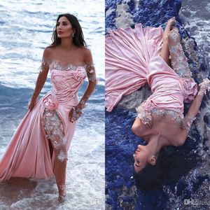 Aso Ebi Arabische jumpsuits Avondjurken Lange mouw van de schouder Split prom -jurken Roze formele feest optochtjurken 189W