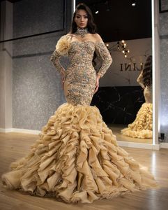 Aso ebi Arabisch luxueus goud sexy avond kristallen prom -jurken zeemeermin formeel feest tweede receptie jurken zj