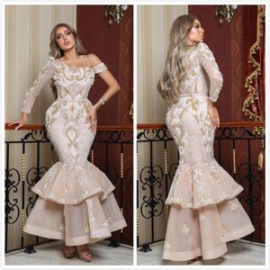 Aso ebi Arabisch luxe zeemeermin avondjurken kanten kralen lange mouwen prom jurken met een enkel lengte formele feest optocht jurken zj493 3185