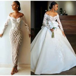 Aso Ebi arabe Oct grande taille gaine ivoire luxueux robe de mariée perles dentelle détachable Train robes de mariée robes ZJ es