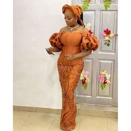 Aso Ebi arabe épaule dénudée sirène robes de bal dentelle orange manches longues grande taille fête formelle deuxième réception robe de soirée