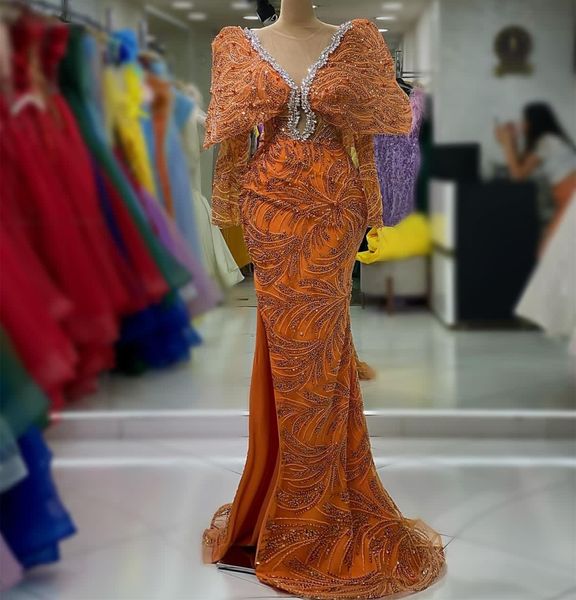 Aso ebi arabe orange sirène robe de bal perles cristaux sexy soirée fête formelle deuxième réception d'anniversaire de fiançailles robes robes robe de soirée zj