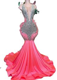 Aso Ebi Arabische roze zeemeermin prom jurk kristallen kralen veren avond formeel feest tweede receptie verjaardag verlovingsjurken jurken jurken robe de soiree es
