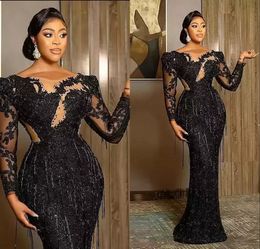 Aso Ebi Árabe Tallas grandes Vestidos de noche Negro Lujoso Sirena Vestido de fiesta Encaje Con cuentas Borla Cuello transparente Fiesta formal Segunda recepción Vestidos Robe BC12807