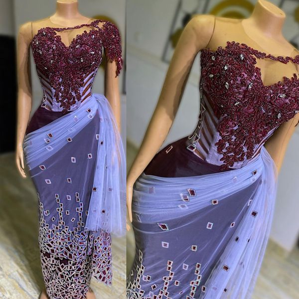 Aso Ebi Vestidos de fiesta árabes Lujoso cuello transparente Un hombro Cristales con cuentas Corsé de vaina púrpura Nigeria africana Vestido de noche brillante Vestidos de segunda recepción