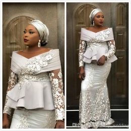 Aso Ebi Arabe Argent Sexy Sirène Robes De Soirée Dentelle Perlée Étage Longueur Dentelle Applique Manches Longues Robes De Bal Robe Formelle Robes De Soirée