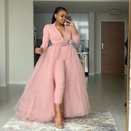 Aso ebi Arabische stijl roze jumpsuits formele prom -jurken met afneembare trein v nek lange mouw vrouwen plus size size avondjurken 322