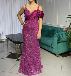 Aso ebi augustus mermaid fuchsia prom jurk kristallen lovertjes kant avond formeel feest tweede receptie verjaardag verlovingsjurken jurken jurken robe de soiree es