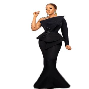 Aso Ebi Zwarte Zeemeermin Formele Avondjurken Parels Kristallen Kralen Lange Mouwen Plus Size Fashion Party Dames Galajurken Pageant274H