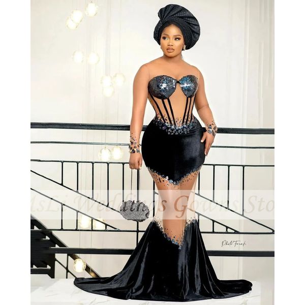 Aso Ebi Noir Sirène Robes De Bal Paillettes Perles Illusion Corset Celebrity Party Robe De Soirée Robe De Bal