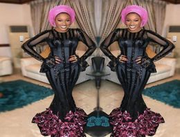 Aso Ebi robes de bal noires pure manches longues robes de soirée sirène avec des appliques de paillettes fuchsia femmes sud-africaines formelles Wea3062020