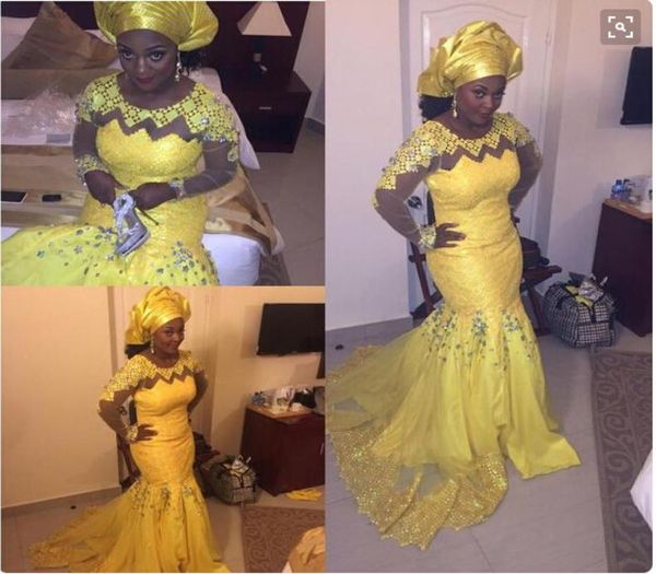 ASO EBI Vestidos de baile de graduación de color amarillo brillante Mermaid Gran tamaño Sudáfrica vestidos de noche de encaje de las mangas largas.