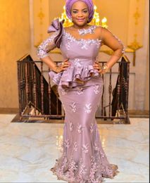 ASO EBI Dusty Mermaid Formele Avondjurken Voor Arabische Afrikaanse vrouwen Applicaties Kant Kralen Lange Mouwen Moeder Speciale Gelegenheid Jurk Crew Hals Plus Size Prom Jurken