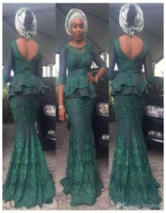 Robes de soirée Aso Ebi avec 34 manches longues Illusion Péplum Appliques de dentelle Merrmaid Robe Long Back Back Zipper African Part1489587