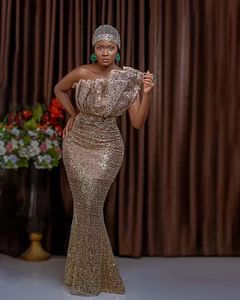 Aso ebi glitter pailletten zeemeermin prom jurken roze goud ruches een schouder nigeriaanse formele avondjurken Afrikaanse vrouwen lange speciale gelegenheid dragen mouwloze 2023