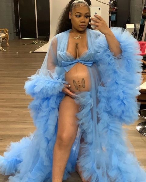 Aso Ebi magnifique volants Kimono femmes Robe bleu ciel clair Robe pour Poshoot manches extra bouffantes robes de bal Cape africaine Cape M272b