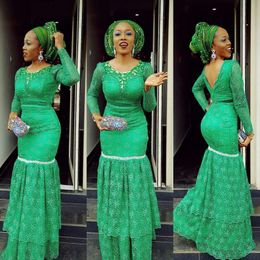 ASO EBI Groene Prom Jurken Kant Lange Mouwen Mermaid Avondjurken Saoedi-Arabische Vloerlengte Dames Formele Party Jurk Dames Vestidos