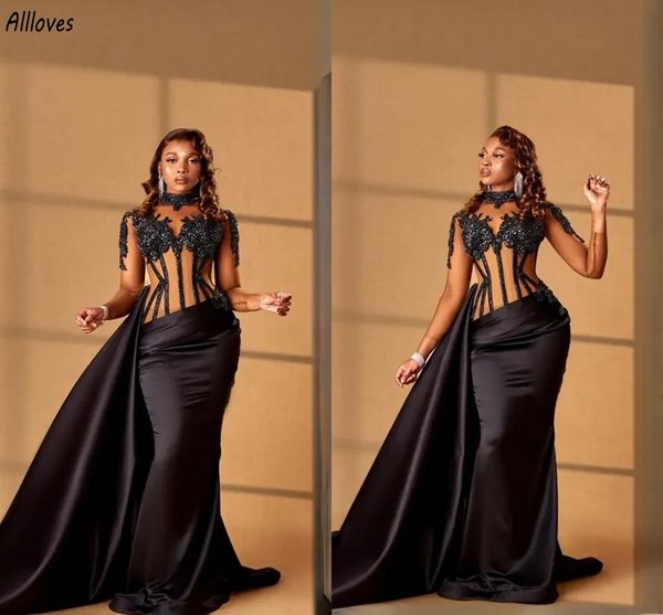 Aso Ebi Vestidos de noche clásicos de sirena de satén negro con cuello alto y mangas largas con tren desmontable Impresionante corsé con cuentas de encaje Vestidos de fiesta para ocasiones especiales CL3082