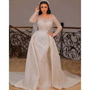 Aso Ebi Ivoire Arabe Sirène Mariage Sheer Cou Paillettes Dentelle Sexy Robes De Mariée Robe ZJ