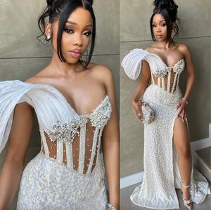 Aso ebi ivory sirène bal-jobe vestime cristaux de perles paillettes en dentelle soirée formelle deuxième réception Robes de fiançailles d'anniversaire robe robe de soirée