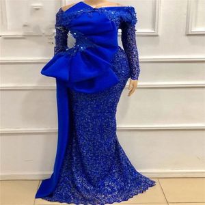 Aso Ebi Lace African Royal Blue Blue de soirée Robes Sparled Beded Bow Sirène Nigeria Arabe à manches longues Robe Prom Robes 261Z