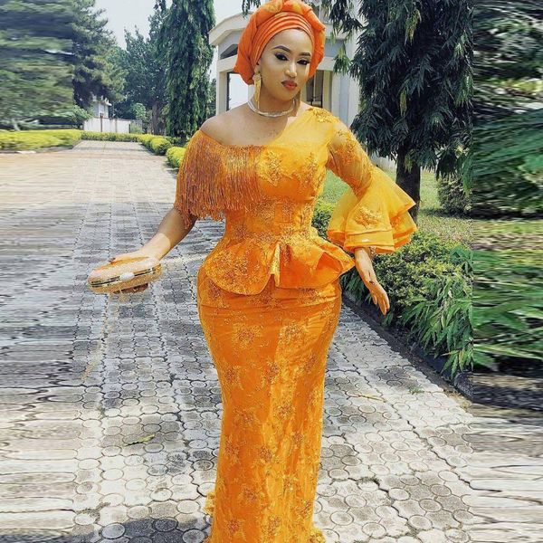 Aso Ebi dentelle sirène robes de soirée avec glands Peplum une épaule à manches longues bal grande taille femmes robes de soirée