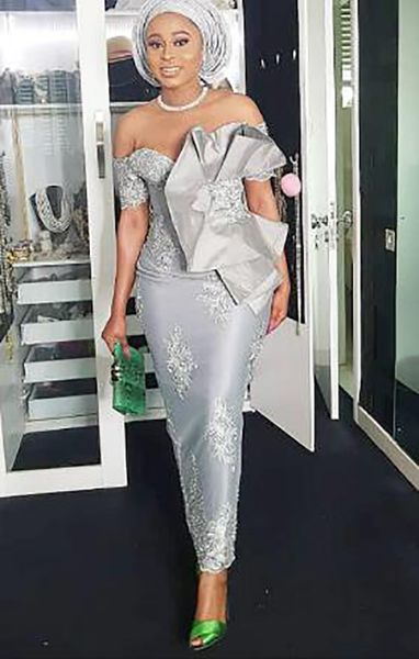 Aso Ebi longue gaine d'argent robes de bal côté fendu 2021 épaule longueur cheville robes de soirée formelles femmes africaines occasion spéciale fête Dres