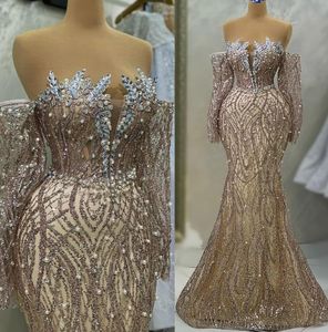 Aso Ebi May Champagne Mermaid Prom Pearls Crystals Evening Formele feest tweede receptie verjaardag verlovingsjurken jurken robe de soiree zj