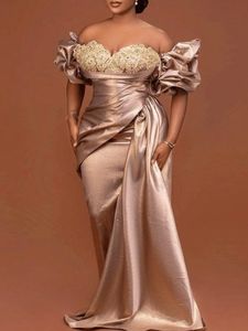 Aso Ebi Mermaid Avondjurken Puff Mouw Off Schouder Lange Taffeta Formele feestjurken Lace Appliques kralen elegante Afrikaanse prom jurk voor vrouwen 2022