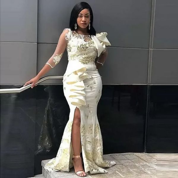 Aso Ebi sirène robes de soirée trois quarts manches côté fendu bal pour les filles noires arc dentelle célébrité robes de soirée PRO232