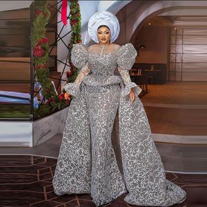 Aso ebi zeemeermin avondjurken met afneembare trein volledige kanten plus size size avondjurk kralen nek flare mouw Afrikaanse dames speciale gelegenheid jurk