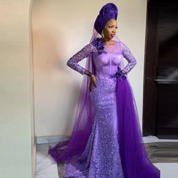 Aso Ebi Robes de soirée sirène avec des appliques florales Robe de bal africaine manches longues sexy plus femme de fête formelle robe de fête formelle