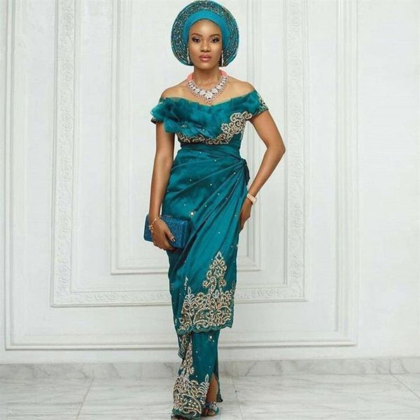 Aso Ebi sirène robe de soirée hors de l'épaule volants perlée robe de bal côté fendu Nigeria Occasion formelle fête Wear254u