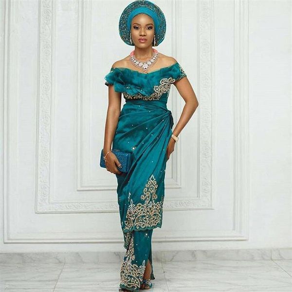 Aso Ebi sirène robe de soirée hors de l'épaule volants perlée robe de bal côté fendu Nigeria occasion formelle fête Wear249V
