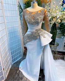 ASO EBI Mermaid Muslim Prom Jurken Wit Kant Applicaties Sheer Hals Parels Beaded Plus Size Arabische Avondjurken Vestido de Noiva