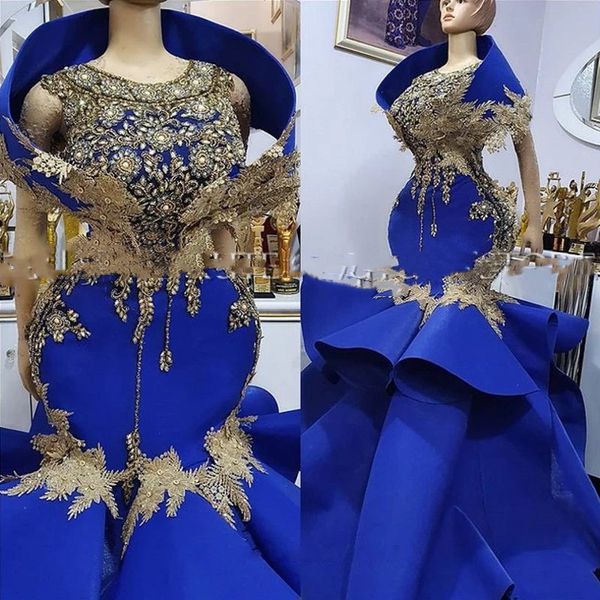 Aso Ebi Sirène Plus La Taille Robes De Bal Robes De Soirée Africaines Bleu Royal De Luxe Dentelle Perlée Noir Filles Robe De Soirée De Bal Robes De Noche