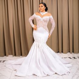 Aso Ebi robe de mariée sirène robes de mariée pour la mariée grande taille manches longues élégant col transparent Illusion robe de mariage pour les femmes noires africaines Nigeria NW094