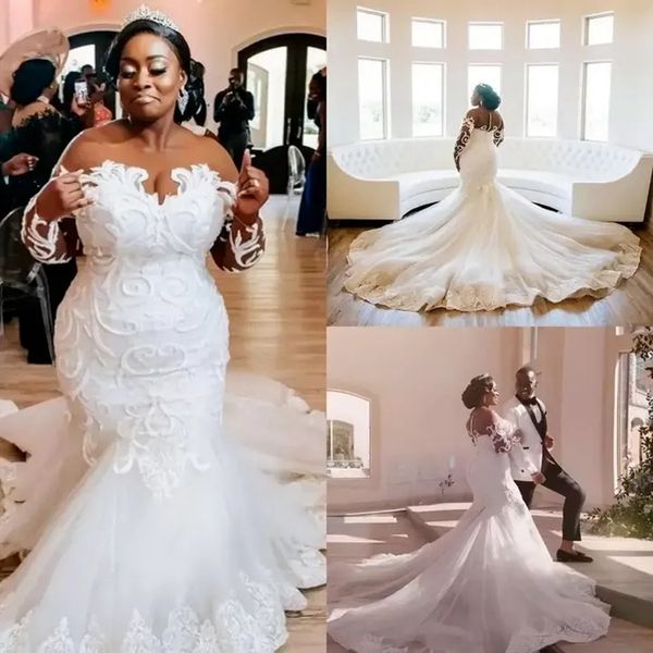 Aso Ebi Vestido de novia de sirena para novia Tallas grandes Cuello transparente Mangas largas Apliques de cuentas Vestidos de novia de tul con gradas para matrimonio para mujeres negras de Nigeria NW035