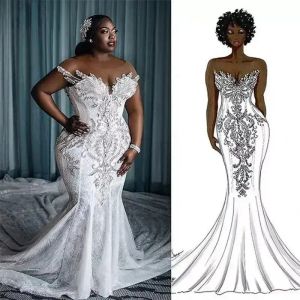 Aso Ebi Zeemeermin Trouwjurken voor Bruid Plus Size Bruidsjurken Afrikaanse Nigeria Stijl Kant Tule Illusie Rehinestones Kralen Mariage Jurk voor zwarte vrouwen NW130