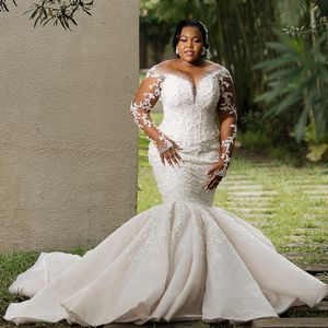 Aso Ebi Zeemeermin Trouwjurken voor Bruid Plus Size Bruidsjurken Lange Mouwen Elegant Tule Kralen Kant Kristallen Huwelijksjurk voor Afrikaanse Nigeria Zwarte Vrouwen NW103