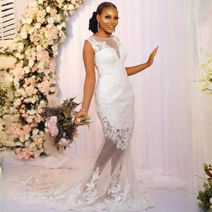 Aso Ebi Vestidos de novia de sirena para novia Tallas grandes Ilusión Elegante Encaje Cuello transparente Apliques de encaje Tren largo Vestido de matrimonio para mujeres negras africanas Nigeria NW107