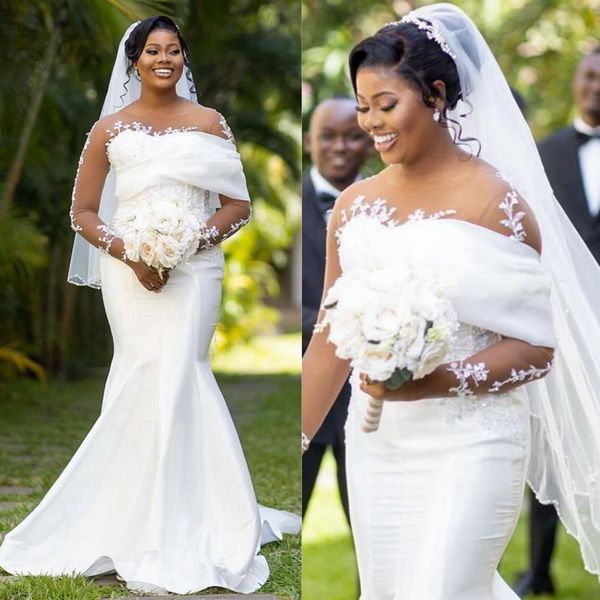 Aso Ebi Vestidos de novia de sirena para novia Tallas grandes Ilusión Cuello transparente Mangas largas Vestido de matrimonio Oragnza de encaje con cuentas para mujeres negras africanas Nigeria NW101