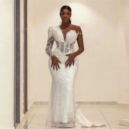 Robes de mariage sirène Aso Ebi avec des appliques de cou transparentes une épaule plus taille robe de mariee robes de fête nuptiale