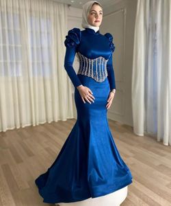 Aso Ebi musulman sirène robes de soirée 2023 bleu Royal perles cristaux gonflés à manches longues Hijab Ramadan bal Occasion robe