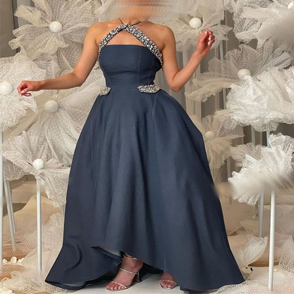 Aso Ebi Navy Blue A-Line Prom Dress Crystals Crystals Crystals Soirée Fête Formale Deuxième réception BreedMaid DeMmaid Engagement Robes Robe de Soiree ZJ638 407