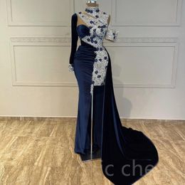 Aso Ebi Navy Blue Mermaid Prom Dress Lace Crystals Evening Formele feest tweede receptie verjaardag Bruidsmeisje verlovingsjurken jurken jurken Robe de soiree ZJ422 407